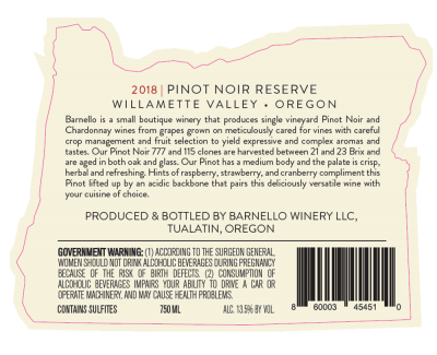 2018 pinot noir bottle label barnello winery