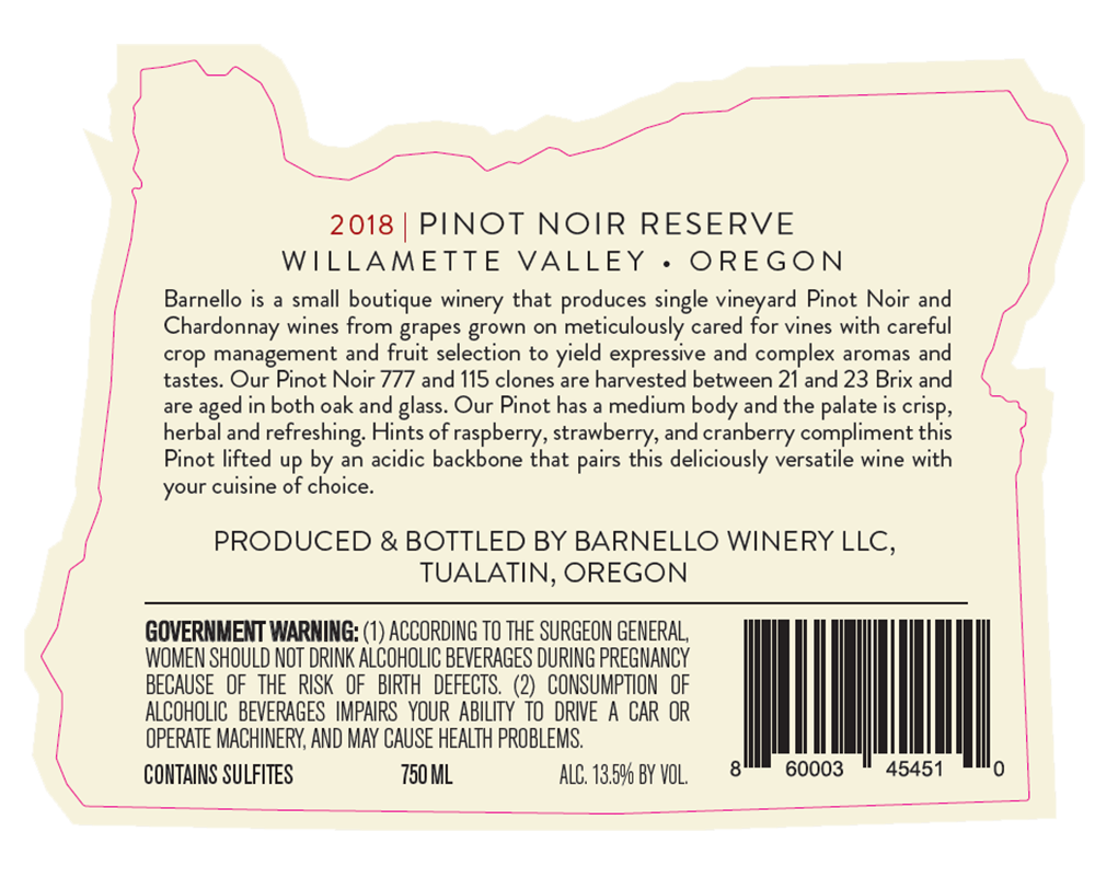 Pinot Noir Reserve 2018 - Barnello Winery | Tualatin, OR