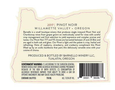 2017 pinot noir bottle label barnello winery